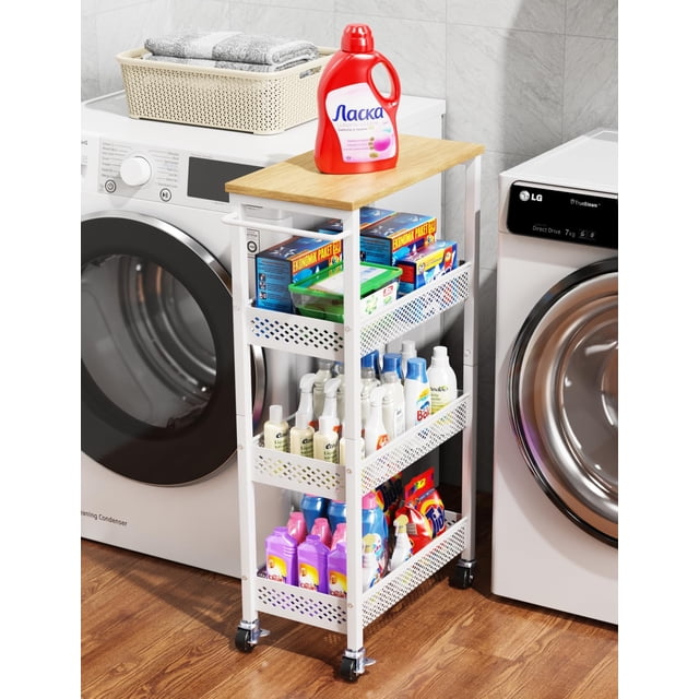 Carrito de almacenamiento OKZEST Utility de 4 niveles estrecho con tapa de madera
