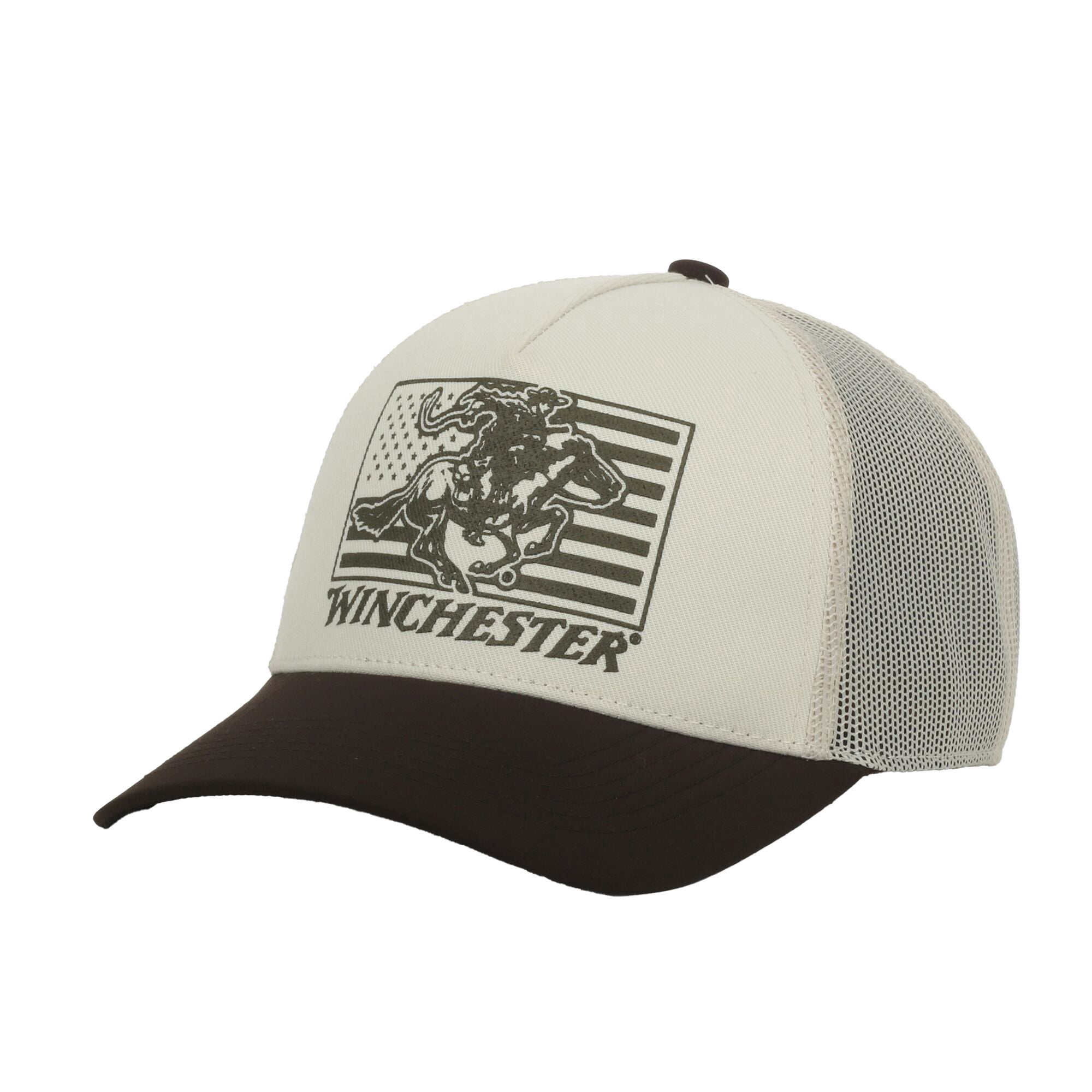 Winchester Structured 5-Panel Trucker Hat – American Flag Screen Print, Meshback Cap, Putty/Brown, One Size