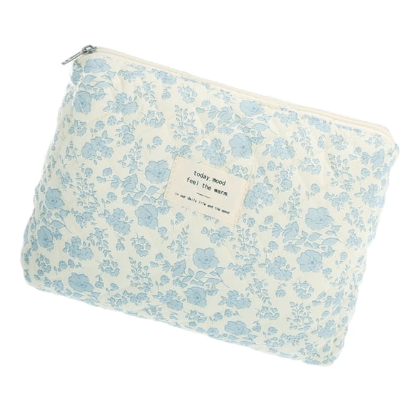 Vocoste 1 Pc Women Durable Medium Quilted Makeup Bag for Vacation Travel Gym White Blue Cotton