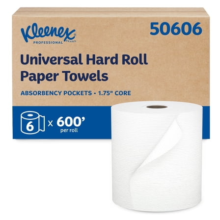 Kleenex Professional Universal Hard Roll Paper Towels, Bulk (50606), Hardwound 1.75" Core, Premium Absorbency Pockets, White (6 Rolls at 600' Each, 3,600'/Case)