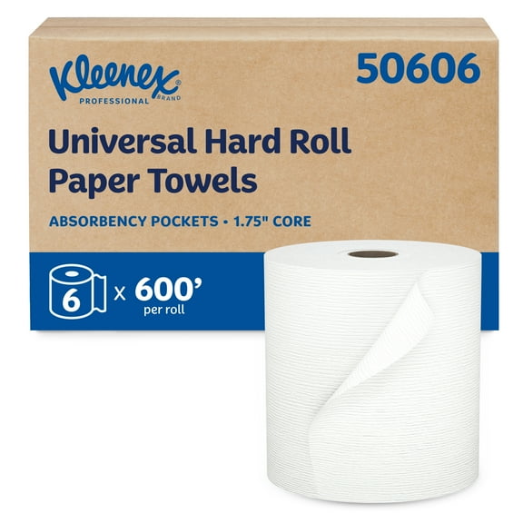 Kleenex Professional Universal Hard Roll Paper Towels, Bulk (50606), Hardwound 1.75" Core, Premium Absorbency Pockets, White (6 Rolls at 600' Each, 3,600'/Case)