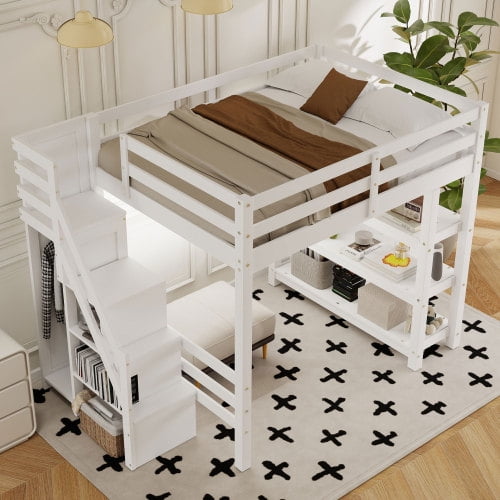 Full Size Loft Bed with Storage Staircase & Wardrobe, 4-Layer Shelves & White LED Light, Solid Pine Wood Frame, Space-Saving Design for Bedroom, Guest Room, Dorm, White
