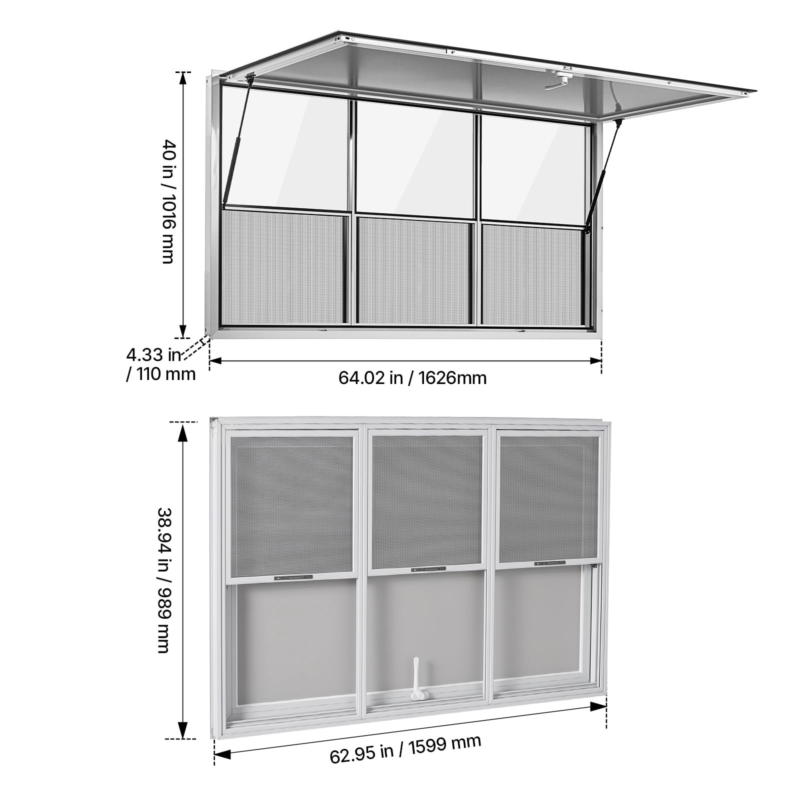 KFFKFF Concession Window 64x40 in Aluminum Alloy Service Window, Designed for Food Trucks, Features 3 Fixed & 3 Sliding Panels, Awning Door with Drag Hook, and Water-Resistant Construction