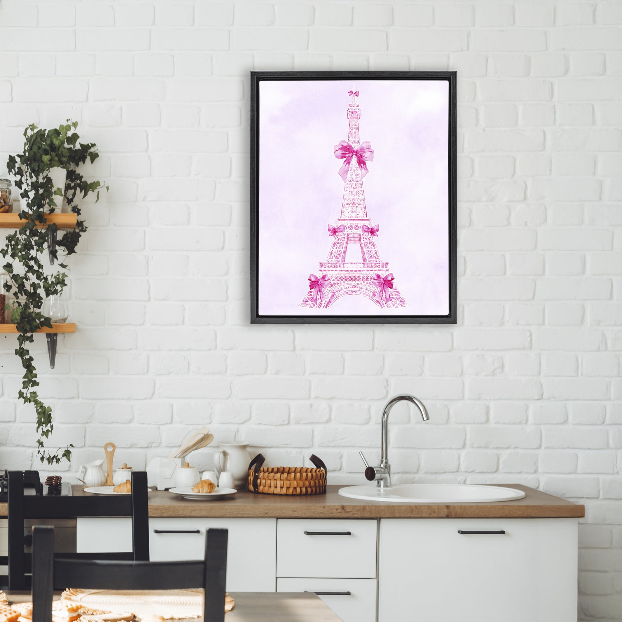 Stupell Industries Ribbon Bedecked Eiffel Tower Black Framed Floater Canvas Wall Art, design by Ziwei Li