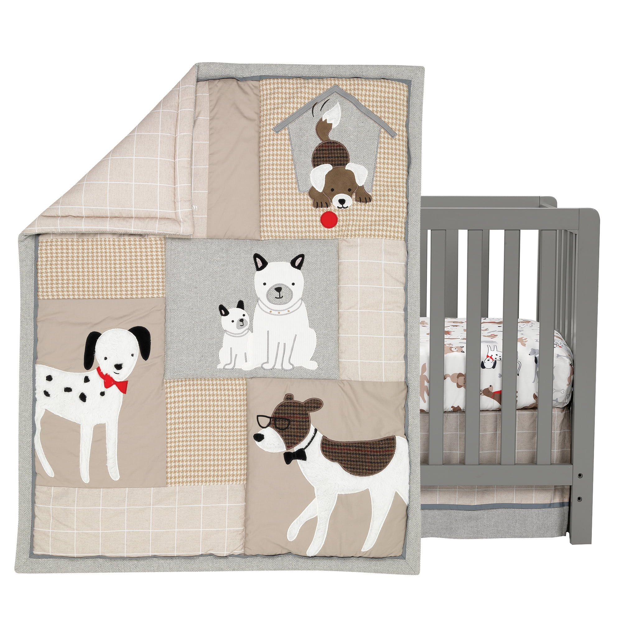 Lambs Ivy Bow Wow Gray Tan Dog Puppy Nursery 3 Piece Baby Crib