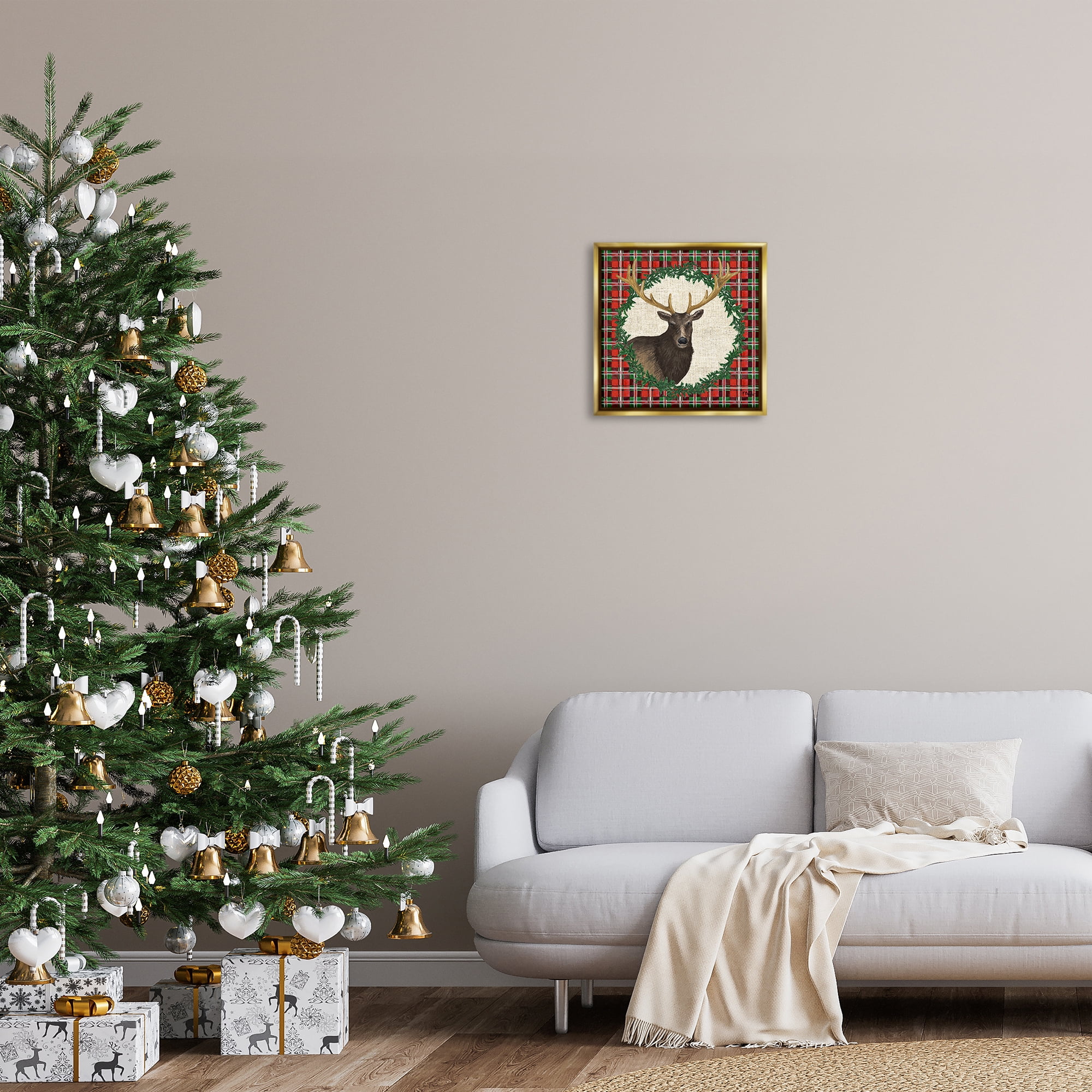 Stupell Industries Festive Plaid Elk Holiday Painting Gold Floater Framed Canvas Art Print Wall Art, 18 x 18