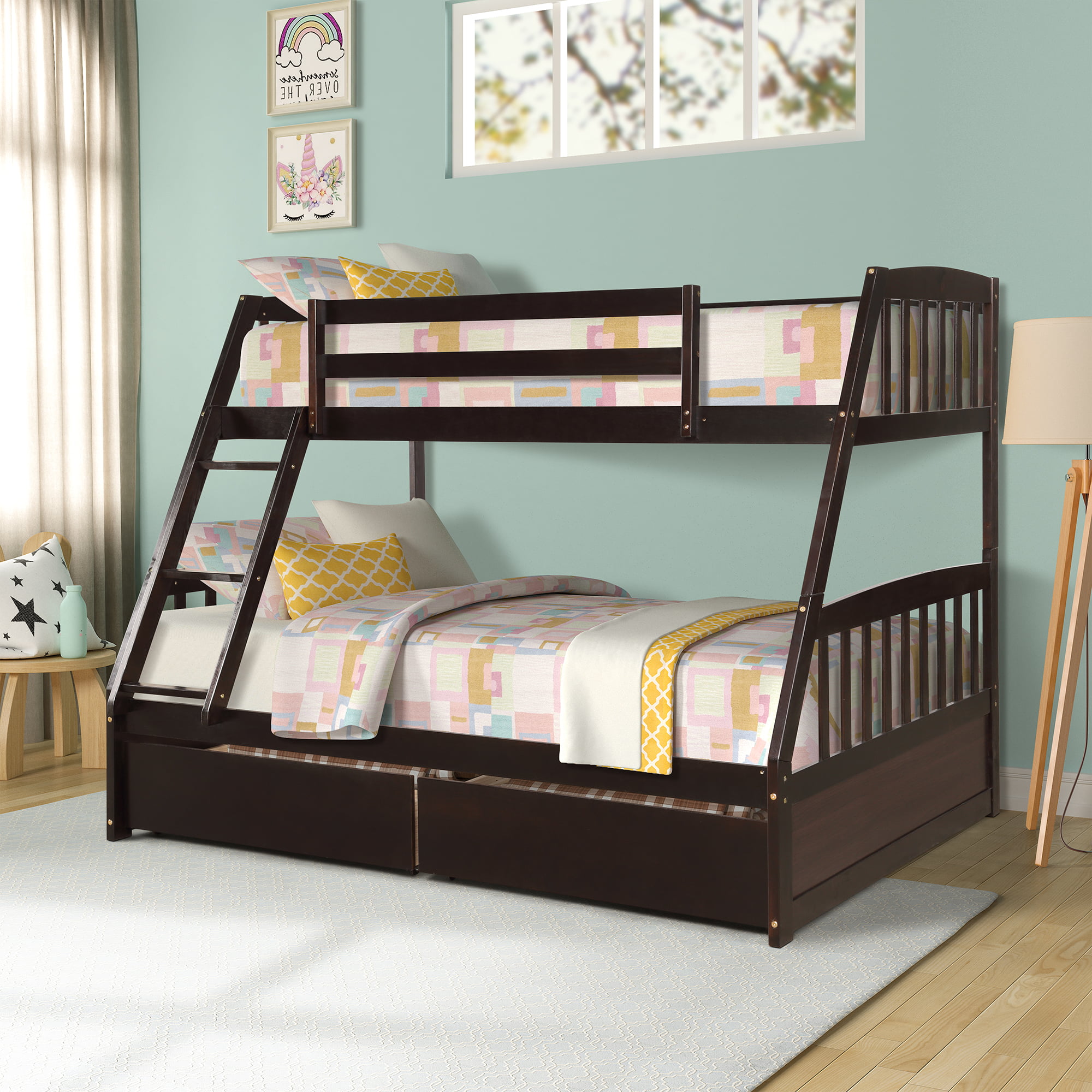 Solid Wood Bunk Bed Frame, Twin Over Full Bunk Bed With Storage Drawers