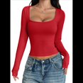 thumbnail image 1 of Camisas de Larga para Mujer, Tops Cortos, Cuello Cuadrado, Camisetas Básicas para Salir, Ropa de Invierno Y2K 2025 Rojo M, 1 of 7