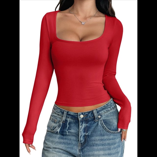 Camisas de Larga para Mujer, Tops Cortos, Cuello Cuadrado, Camisetas Básicas para Salir, Ropa de Invierno Y2K 2025 Rojo M