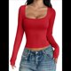 thumbnail image 1 of Camisas de Larga para Mujer, Tops Cortos, Cuello Cuadrado, Camisetas Básicas para Salir, Ropa de Invierno Y2K 2025 Rojo M, 1 of 7