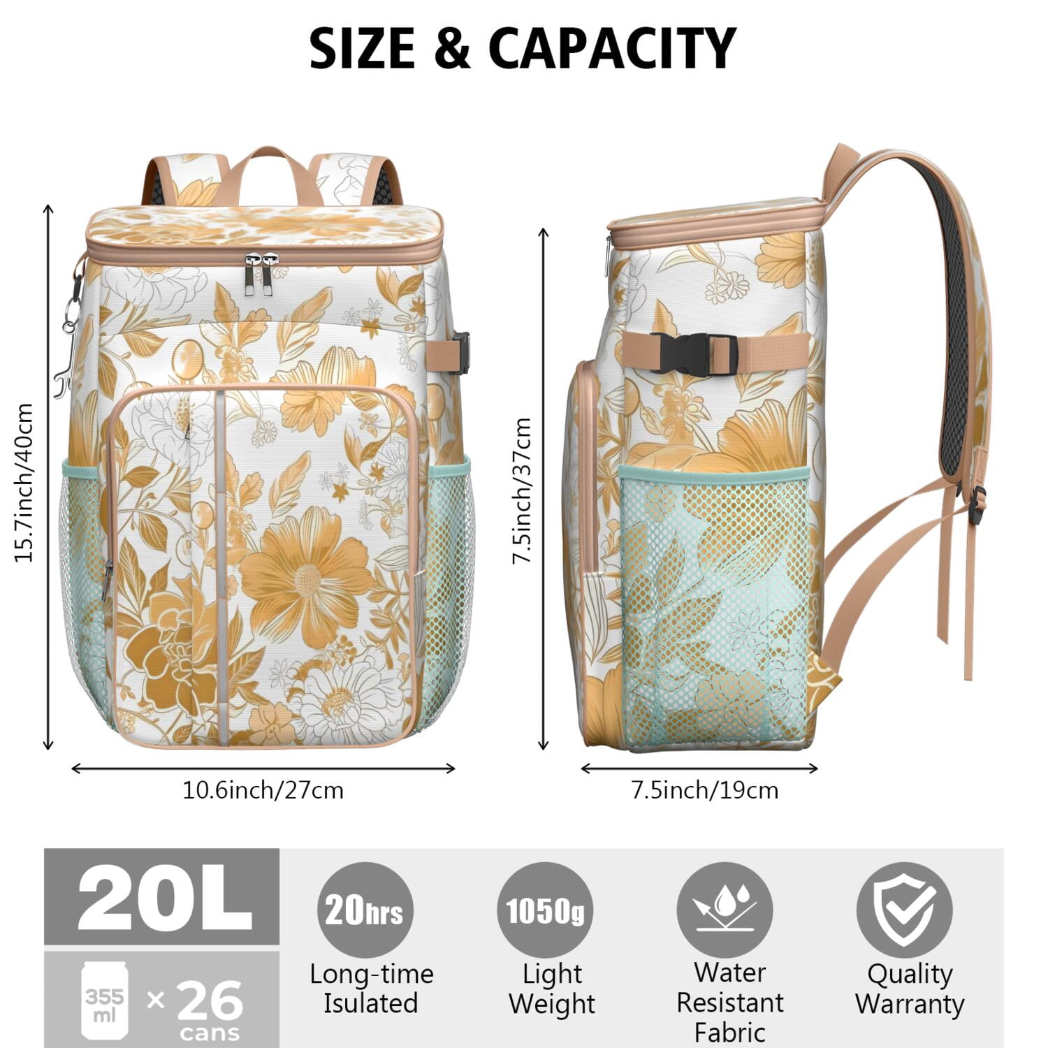 Travel Cooler Bag - Pioneer Flower Floral Print Pattern Camping Beer Cooler Backpack with Bottle Opener- Waterproof Insulated Picnic Backpacks - Cooler Bag for Beach