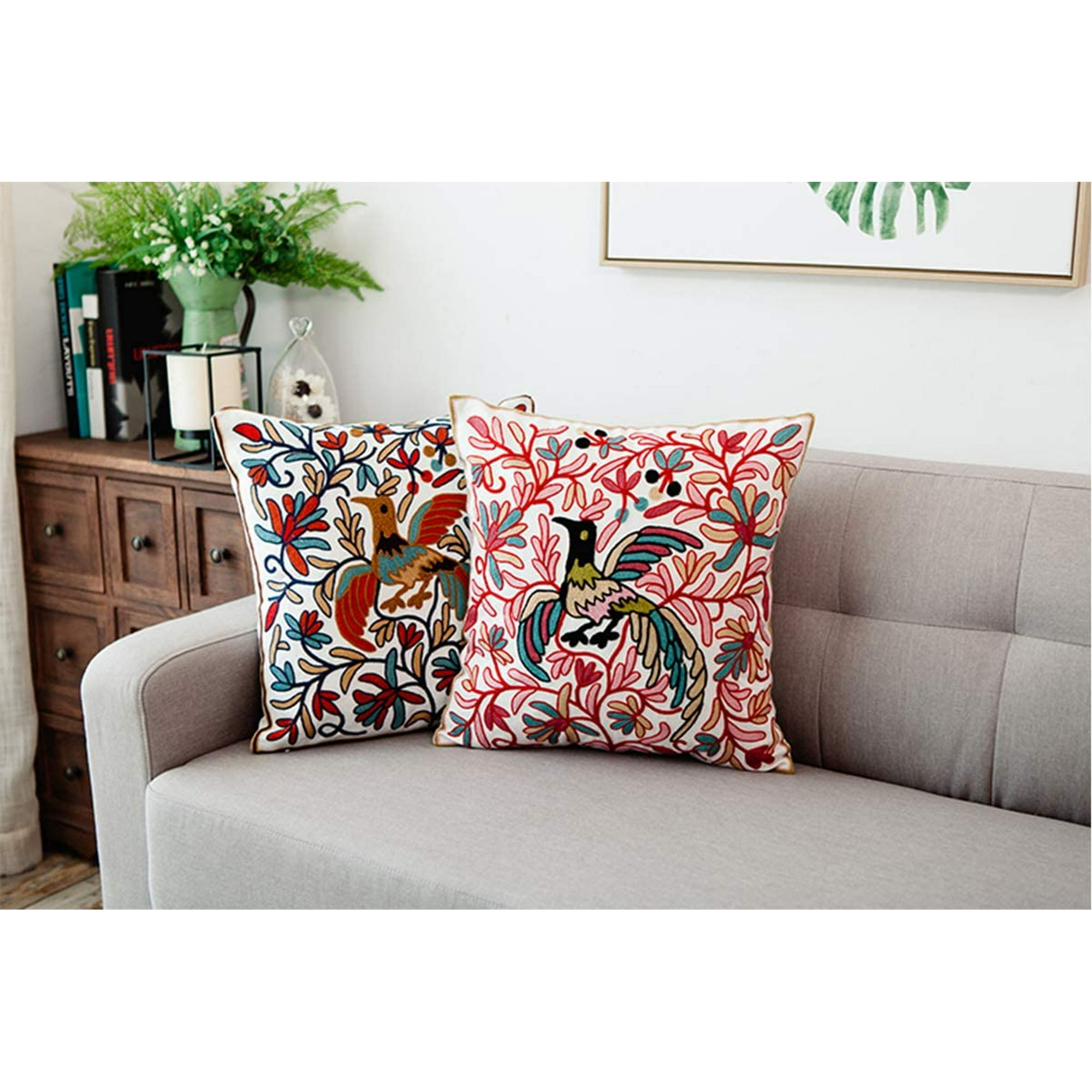 Wekity Decorative Embroidered Boho Pillow Cover Handmade Cotton Cover For Bohemian Throw Pillows With Beautiful Modern Floral Patterns And Invisible