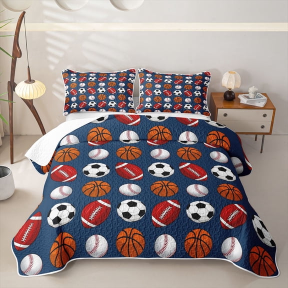 Castle Fairy Football Soccer Basketball Baseball Twin Quilt Set,Sport Theme Twin Coverlet Set,Blue White