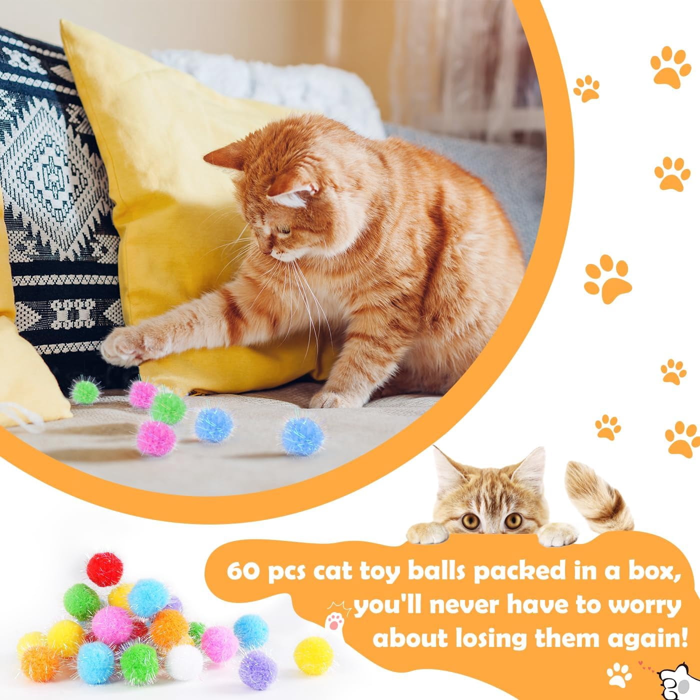 60 Pcs Cat Pom Pom Balls, Interactive Cat Toys, Sparkle Balls for Cats, Extra Large and Fuzzy for Exercise and Entertainment, Multicolor, 1.5 Inch