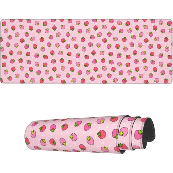 Cute Strawberry Pink Extended Gaming Mouse Pad Large 31.5" x 15.7" with Stitched Edges Laptop Computer Keyboard Mouse Mat Desk Pad Perfect for Work, Game, Office, or Home Use
