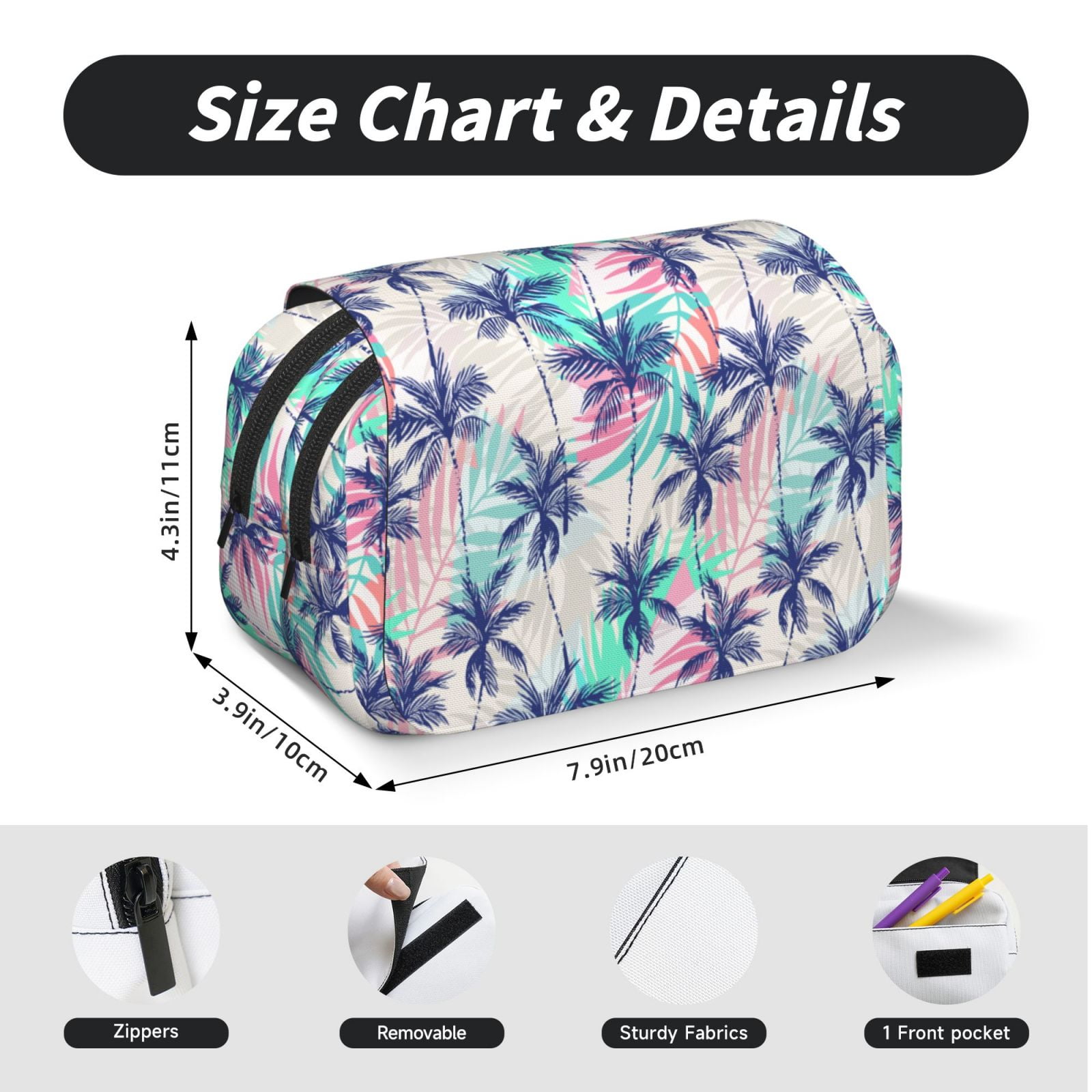 Rateoe Palm Leaves Pattern Double Clamshell Pen Case, Storage Organizer with Two Zipper Compartments– Holds Up to 50 Pencils & Pens