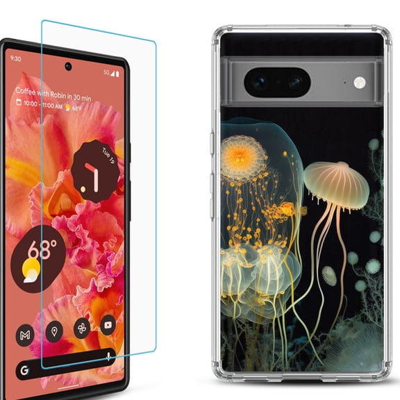 OneToughShield ® for Google Pixel 7a Shockproof Bumper Phone Case, with Tempered Glass Screen Protector - Jellyfish