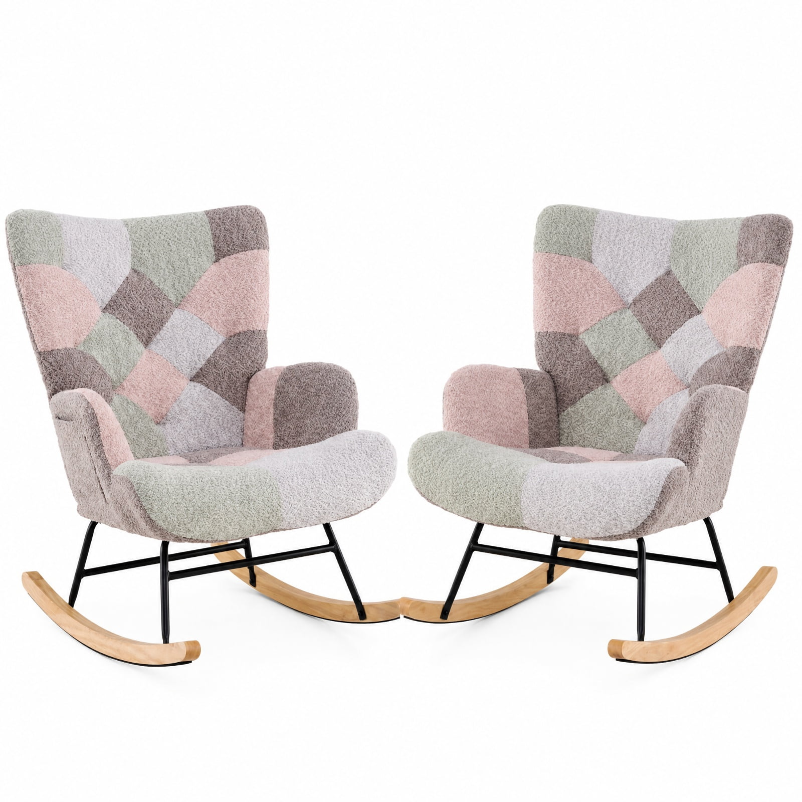 Furnibear Nursery Rocking Chair with Boucle Upholstery Ergonomic Armrests and High Backrest for Living Room Bedroom and Nursery, Colorful