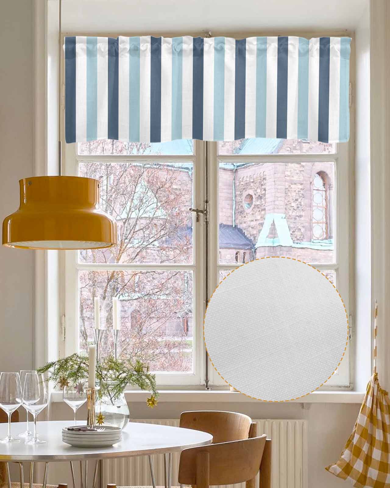 Blue Aqua Striped Kitchen Valances for Windows Farmhouse Linen Window Valance Curtain for Living Room Window Treatment Farmhouse Stripe Art Valance Rod Pocket Topper Drape, 54 x 18 Inch