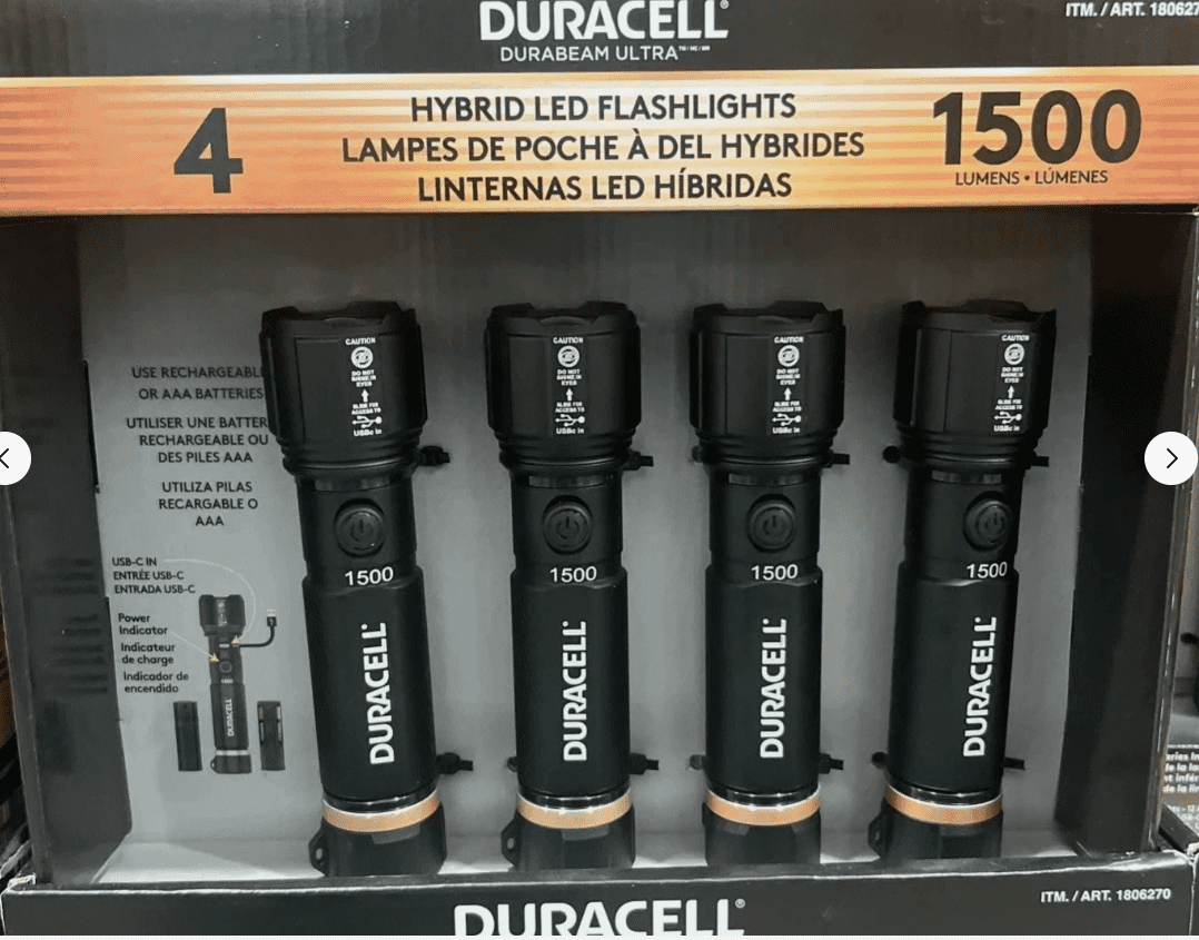 Duracell Durabeam Ultra Hybrid LED Flashlights Set of 4 – 1500 Lumens, Rechargeable USB-C & AAA Battery Options, Weather-Resistant Aluminum – Black