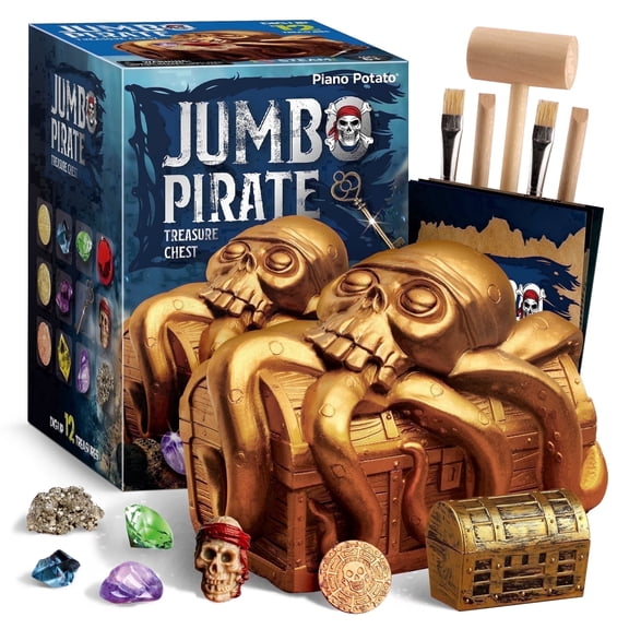 Piano Potato Jumbo Pirate Treasure Chest Dig Kit for Kids Ages 6-12, Excavate 12 Hidden Gems & Gold Coins, STEM Archaeology Excavation Toy Set with Wooden Dig Tools, Pirate Themed Birthday Party & Cl