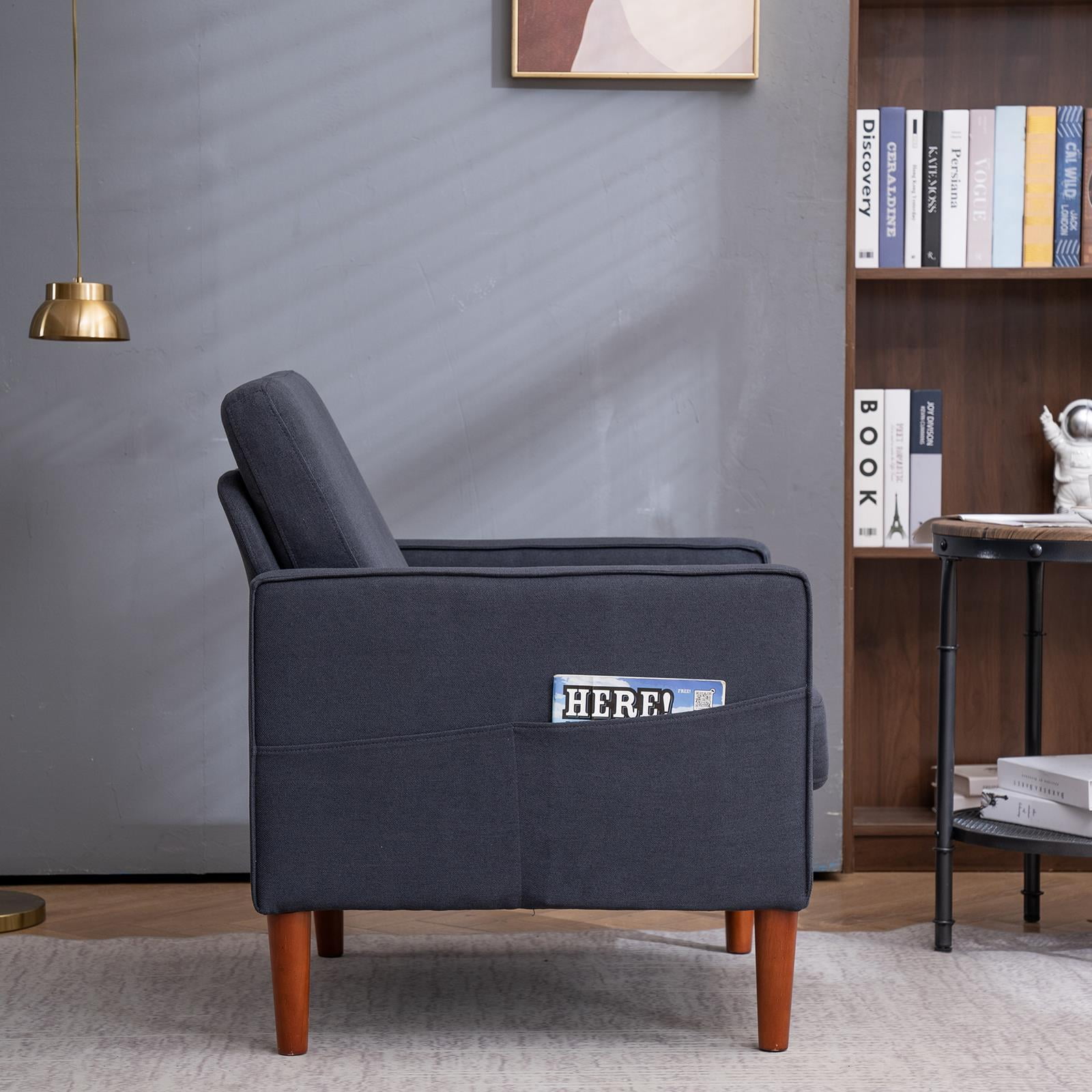 Ktaxon Modern Single Sofa Chair, Club Chairs with Side Bags, Fabric Arm Chair with Wood Legs for Living Room Bed Room Dark Grey