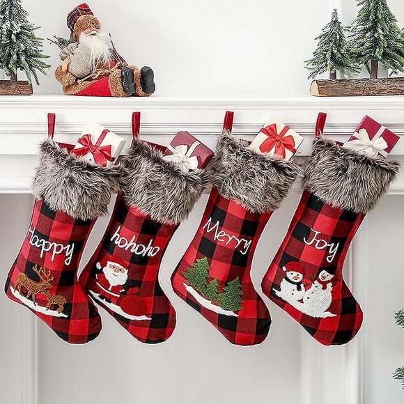Christmas Stockings Set Of 4 - Large Xmas Stockings 18 Christmas Tree Decoration With Santa,snowman,reindeer - Gift Holding Bag Candy Bag For Fireplac