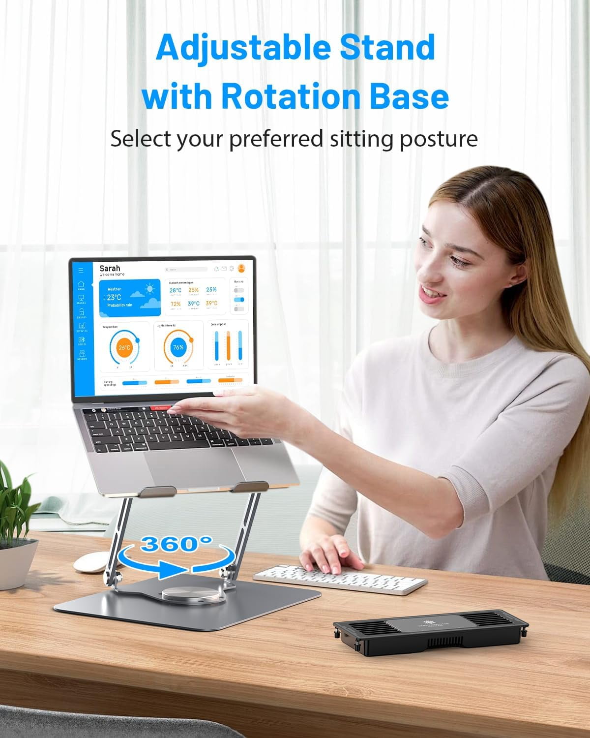 Laptop Cooling Pad with Detachable Fan, Adjustable Height & Angle, 360 °   Rotating Base, Ultra-Quiet Operation, Carbon Steel Frame for 10-16" Laptops and Tablets