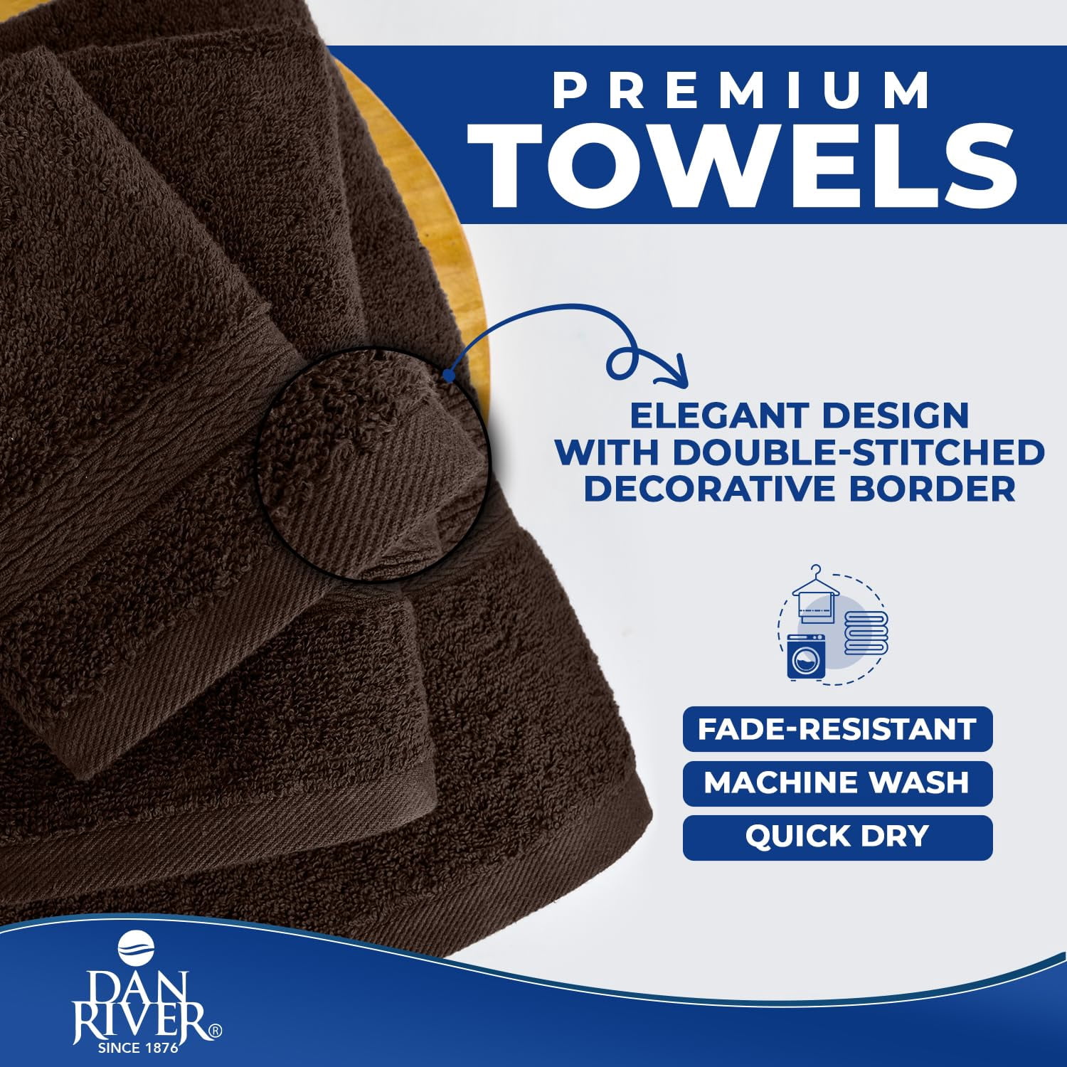 Dan River 8 Piece Towel Set Soft Quick Drying Cotton Bath Towel For Gym, Spa and Bathroom - Brown