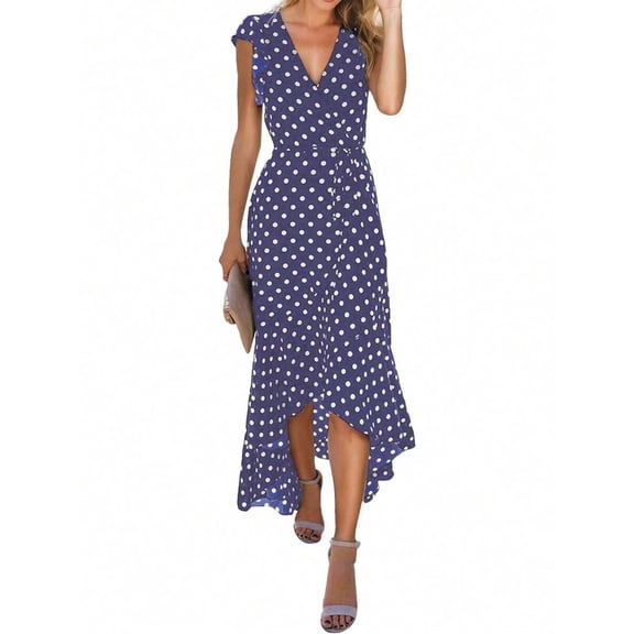 Navy Polka Dot V-Neck Wrap High-Low Maxi Dress For Women