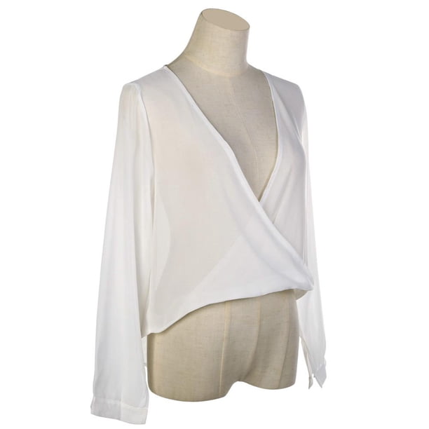 Blusas De Mujer Blusa De Manga Larga De Gasa Con Cuello En V Profundo Sexy Blanco L Likrtyny Mujer