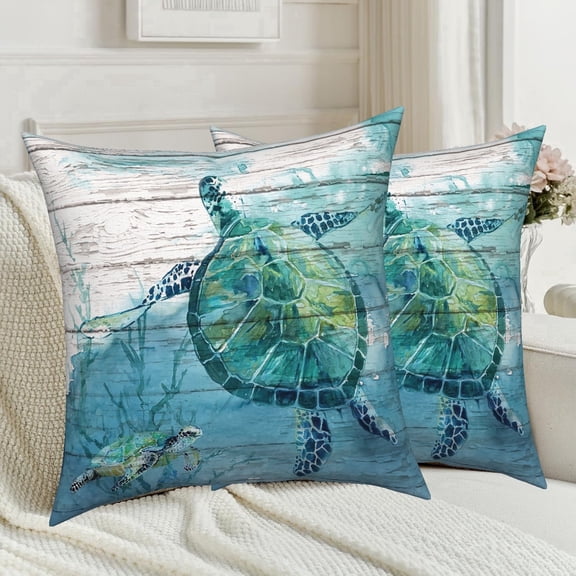 Nautical Sea Turtle Pillow Covers 18x18 Set of 2 Double-Sided Teal Coastal Rustic Wood Throw Pillows Case for Sofa