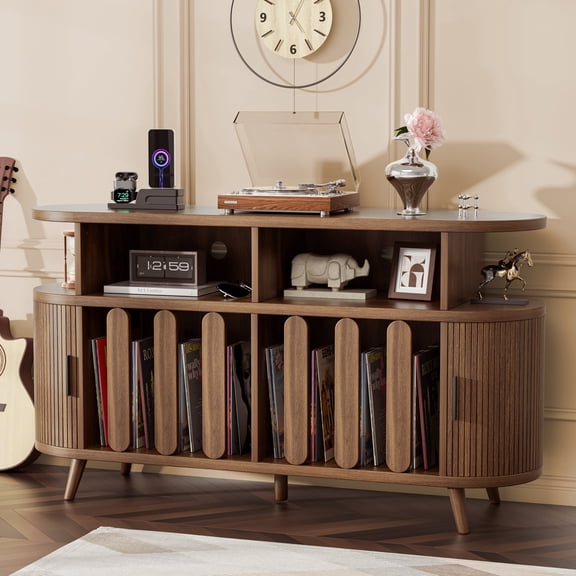 AHB 55.2" Record Player Stand, Mid-Century Vinyl Record Storage Cabinet with Charging Station (2 USB 2 AC) and Shelves for Turntable, Albums and Speakers, for Living Room and Bedroom, Walnut
