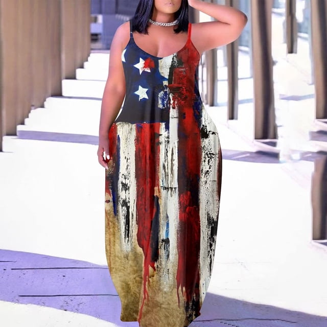 SMihono Robe Maxi Bohème d'Été pour Femmes Grande Taille Mode Féminine Col Rond Sans Manches Robe Imprimée de Plage