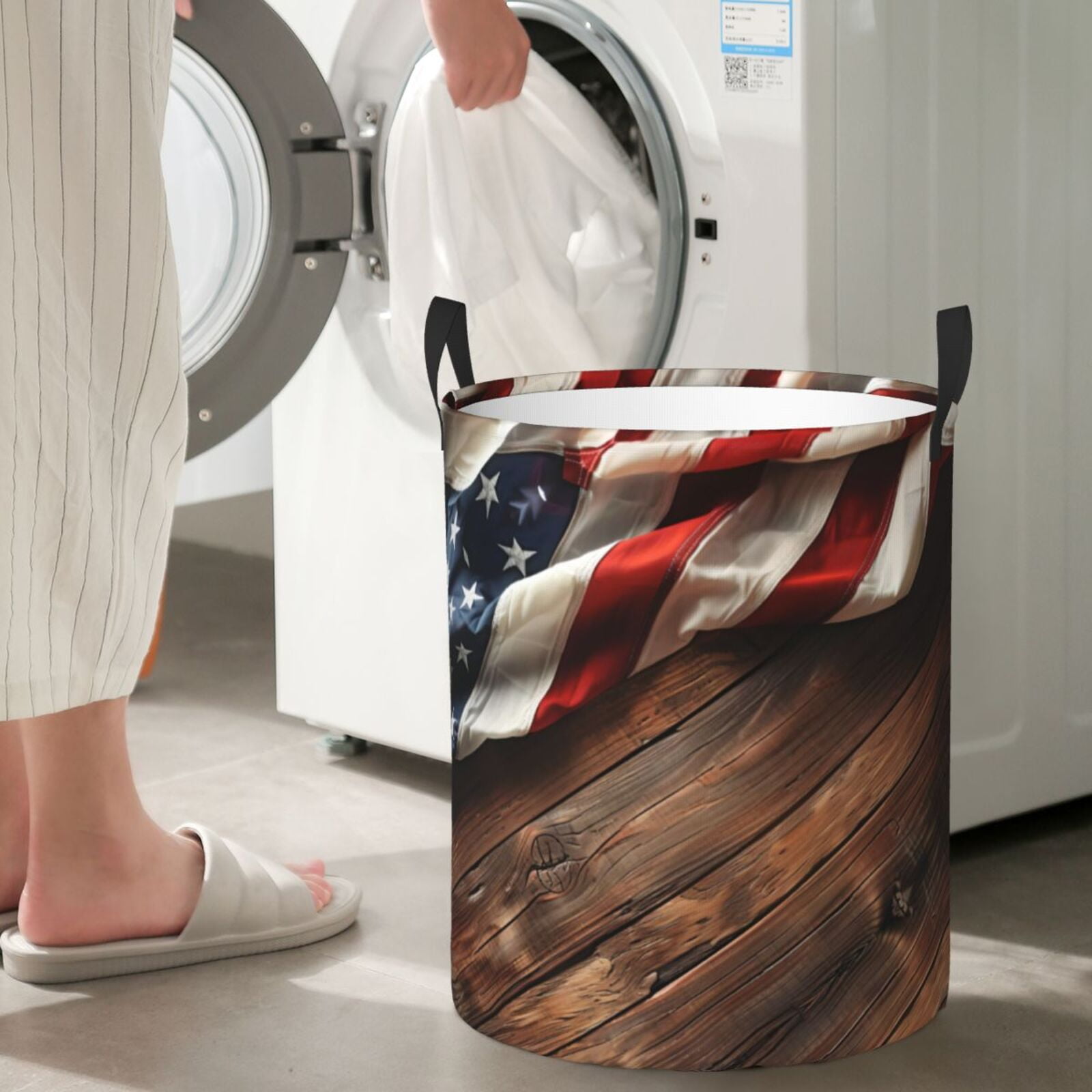 Large Laundry Basket with Handles - Rustic American Flag Wood Kids Baby Dirty Clothes Laundry Hamper for Bedroom Aesthetic