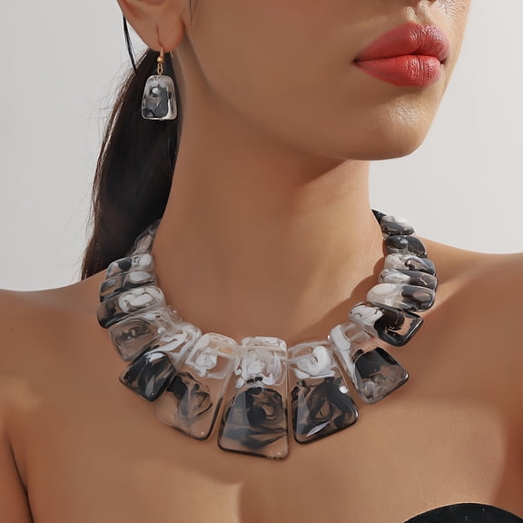 Vintage Boho Resin Jewelry Set - Chunky Choker Necklace & Earrings for Women, Perfect for Daily Wear and Festive Outfits