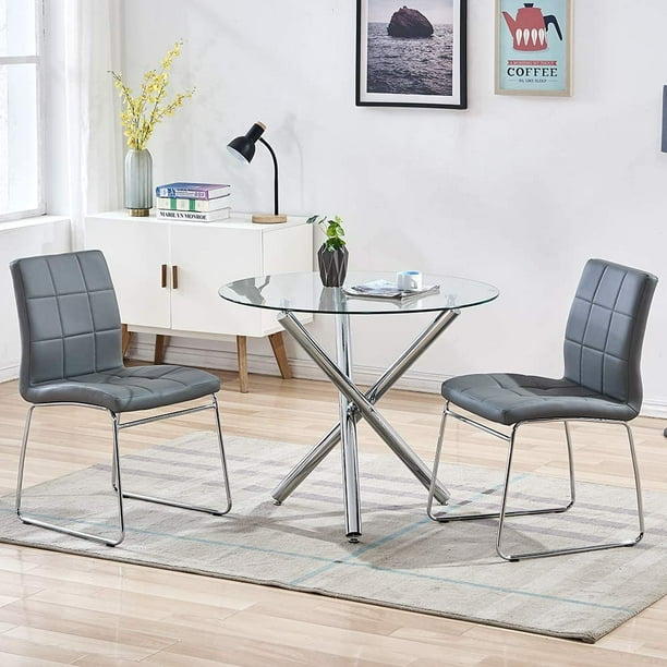 3PCS Round Dining Table Set, Tempered Glass Kitchen Dining Table And