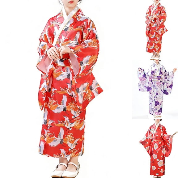 FINALGANG Girls Kids Floral Print Kimono Traditional Wide Sleeve Satin Robe With Obi Belt For Party Daily Wear Cute Dress