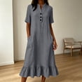 thumbnail image 6 of ClodeEU Women's Linen Blend V Neck Half Sleeve Dress with Ruffle Hem,Solid Color Casual Midi Dress with Pockets Dark Gray,Women's Plus XL, 6 of 8
