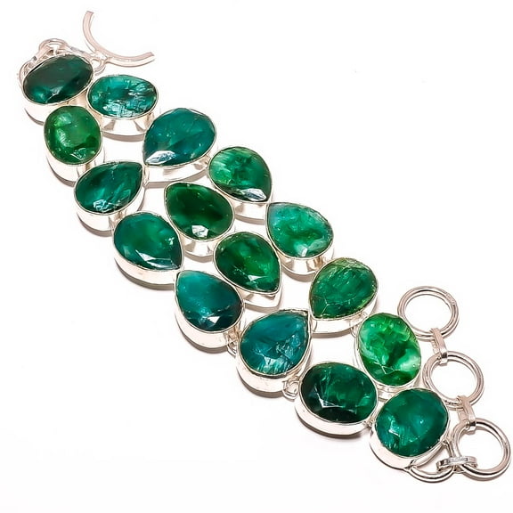 Emerald (Simulated) 925 Silver Plated Ethnic Bracelet 7-7.99" TB7510-490, Valentine's Day Gift, Birthday Gift, Beautiful Jewelry For Woman & Girls