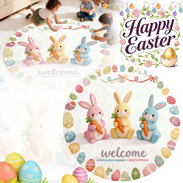 Tapis de Bienvenue Lapin de Pâques Rond Absorbant Durable Intérieur Extérieur Décoratif pour les Fêtes