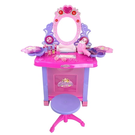 Tufted Vanity Chair Battery Operated Princess Vanity Mirror Dresser Playset w/ Lights, Opening Dresser, Chair Stool, Sounds & Jewelry Accessories ()