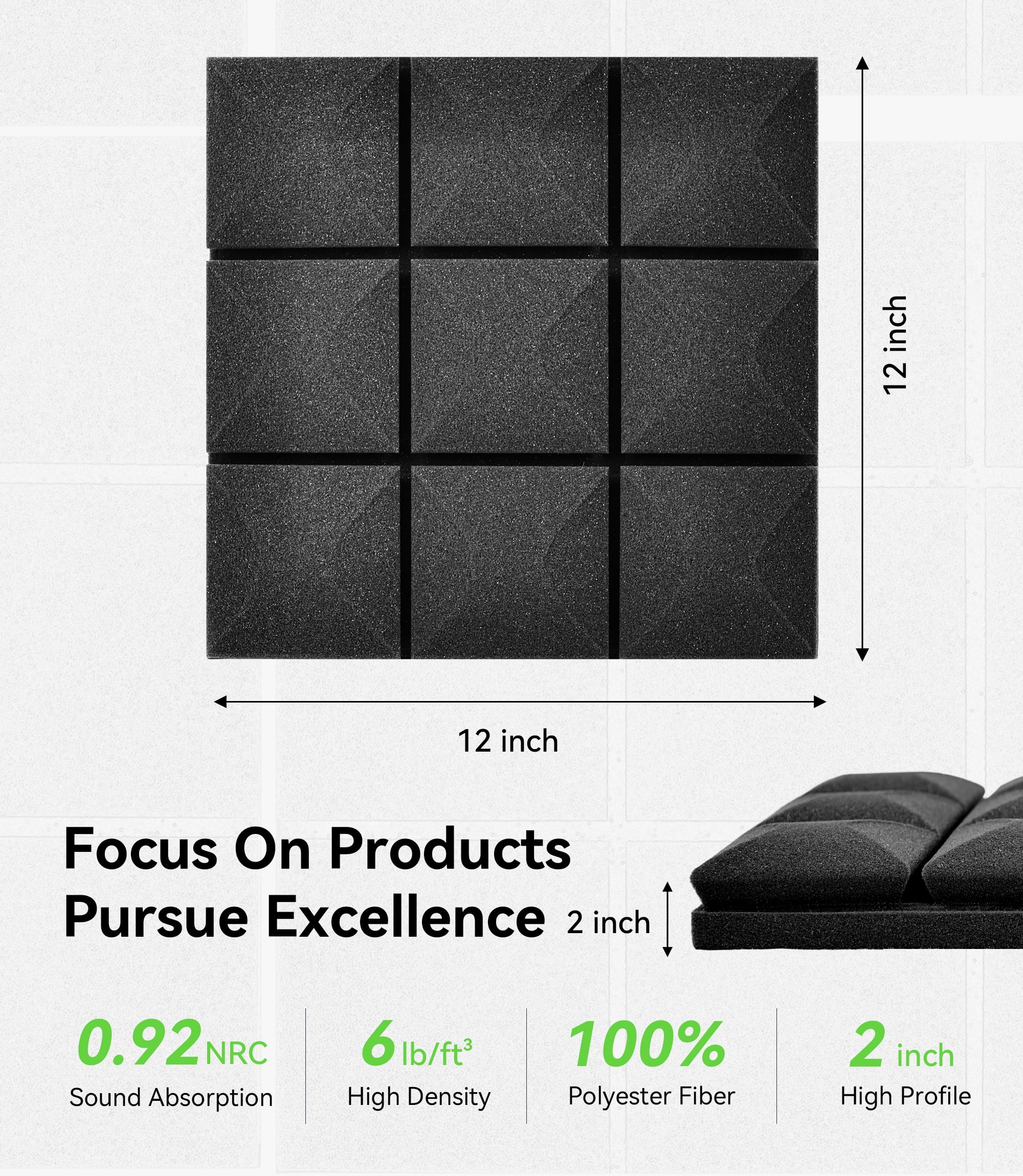 AOLIGO 24 Pack Acoustic Foam Panels, 2" x 12" x 12" Mushroom Sound Proof Foam Panles Soundproofing Noise Cancelling Wedge Panels for Home Office Recoding Studio, Black