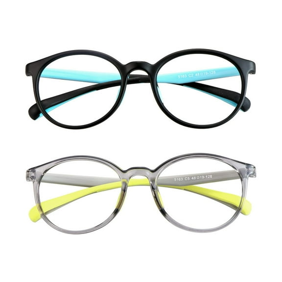 LAMBBAA Kids Blue Light Blocking Glasses 2 Pairs Round Frame UV400 Protection Anti Blue Ray Computer Glasses Anti Glare Eyewear for Boys Girls Age 3-12 (Black Blue Grey Yellow)
