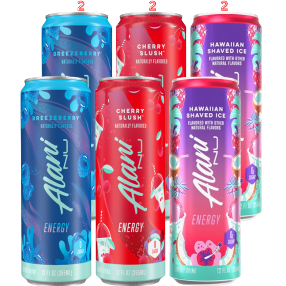 Alani Nu Energy Drink Variety Pack, 12 fl oz Cans (Pack of 6), Hawaiian Shaved Ice, Breezeberry & Cherry Slush, Zero Sugar, 200mg Caffeine