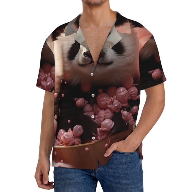 Balery Cute Cloud Panda Camisa Casual de Manga Corta con Botones para Hombre, Texturizada, Estilo Cubano, para Playa, Verano-Small