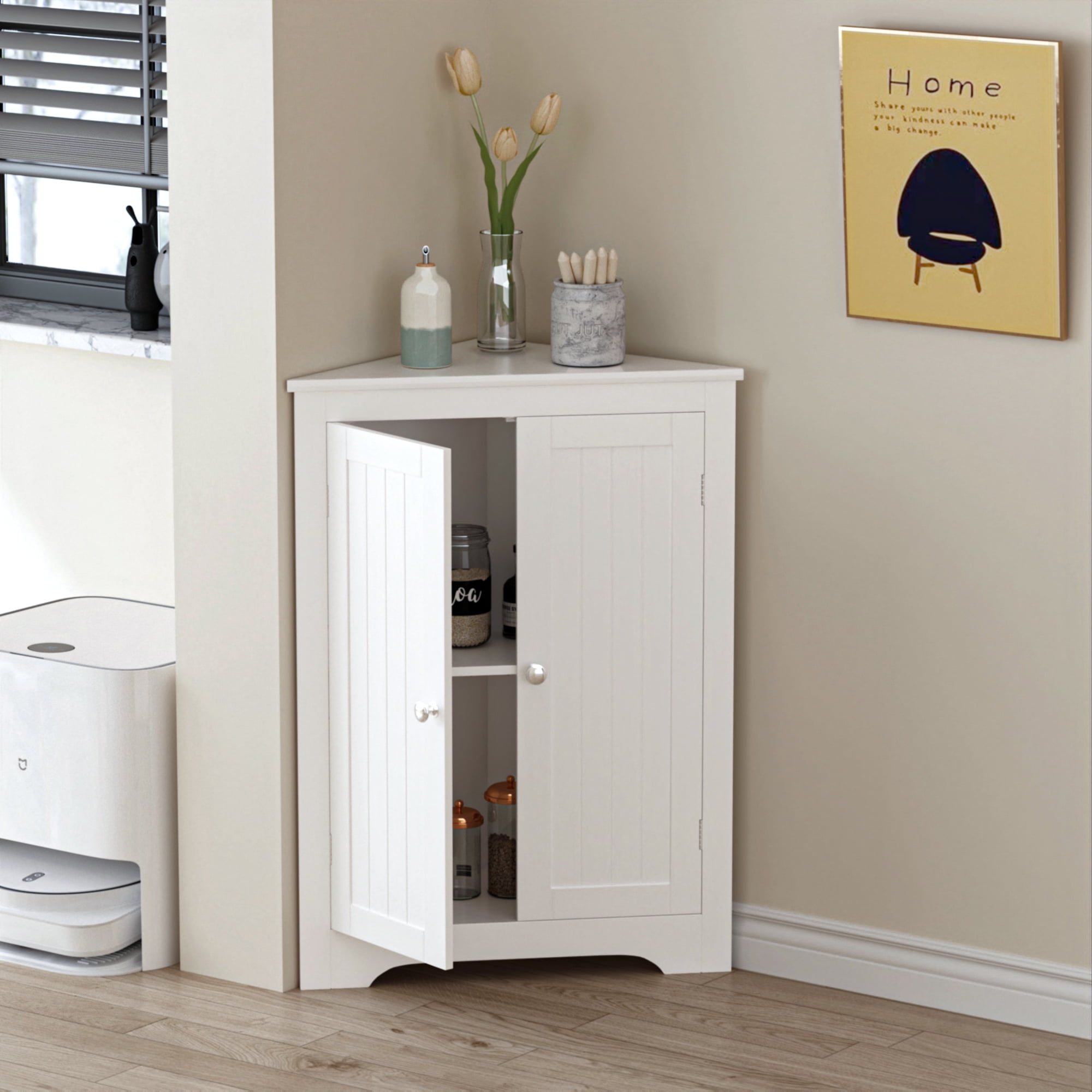 Yoneston Floor Corner Cabinet with 2 Doors and Adjustable Shelves, Freestanding Narrow Cabinet Organizer for Bathroom Kitchen Living Room Bedroom, White