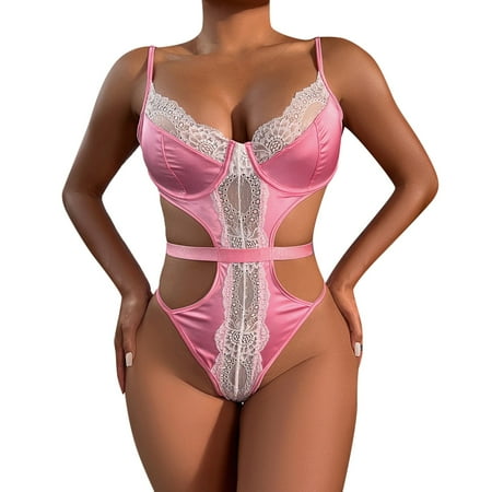 

Women Exotic Lingerie Sets Solid Color Nightieny Comfortable Stretchy Lace See Through Patch Bodysuit Lace Nighty Bedroom Loungewear