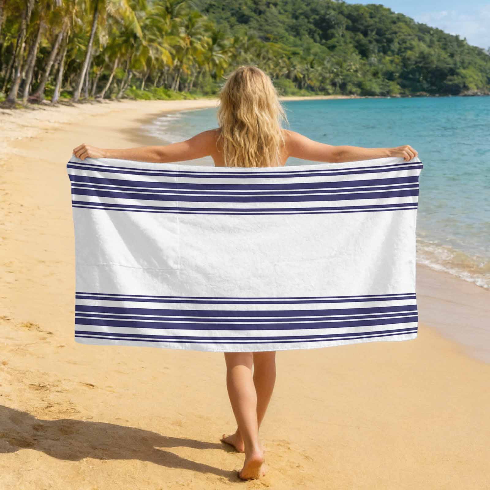 Beach Towel Bag 2 in 1 Blue Stripes Bath Pool Towels Backpack Simple Style Absorbent Beach Towel Soft Quick Dry Lightweight Packable Towels Drawstring Bag for Travel Camping Sports Yoga Gym Picnic