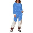 thumbnail image 2 of Mifsaly Thermal Sets for Women Winter Fuzzy Fleece Color Block 2 Piece Warm Long Sleep Pullover Sweatshirt Snow Thermal Long Pants with Pockets Loose Cold Weather Sherpa Matching Outfits, 2 of 5